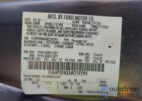 2010 Ford Focus Se from USA, damaged, VIN 1FAHP3FNXAW259294